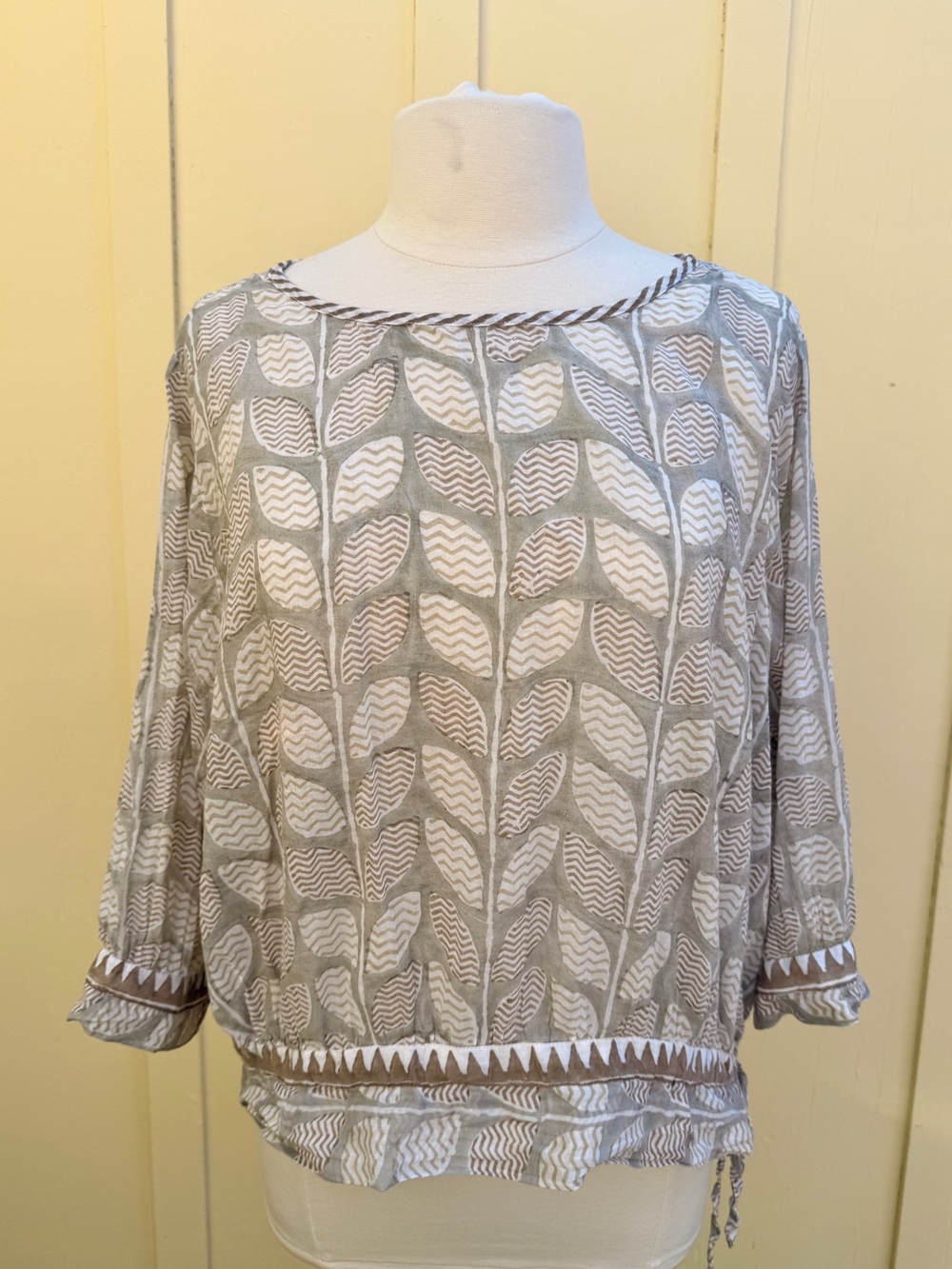 Kilol Boho Top Block Leaf Print Tie Drawstring Cotton Gauze Neutral Light L